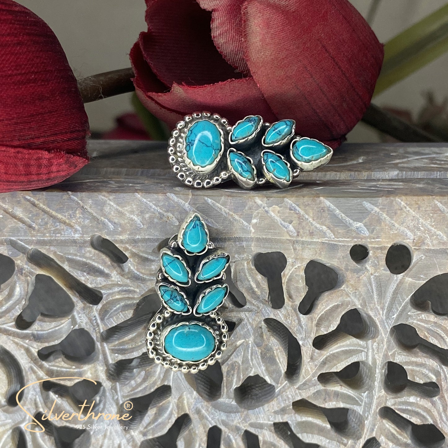 Turquoise Cut-Stone Crown 5 Leaf Earrings