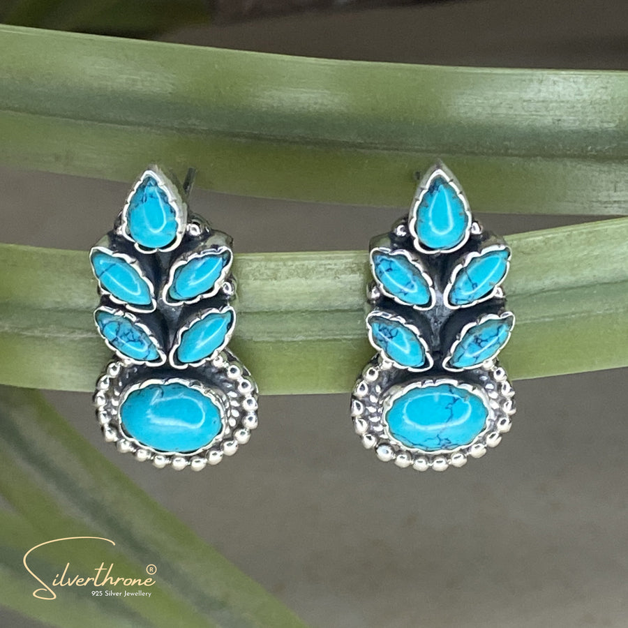 Turquoise Cut-Stone Crown 5 Leaf Earrings