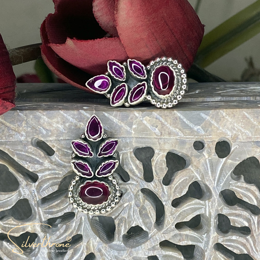 Purple Cut-Stone Crown 5 Leaf Earrings