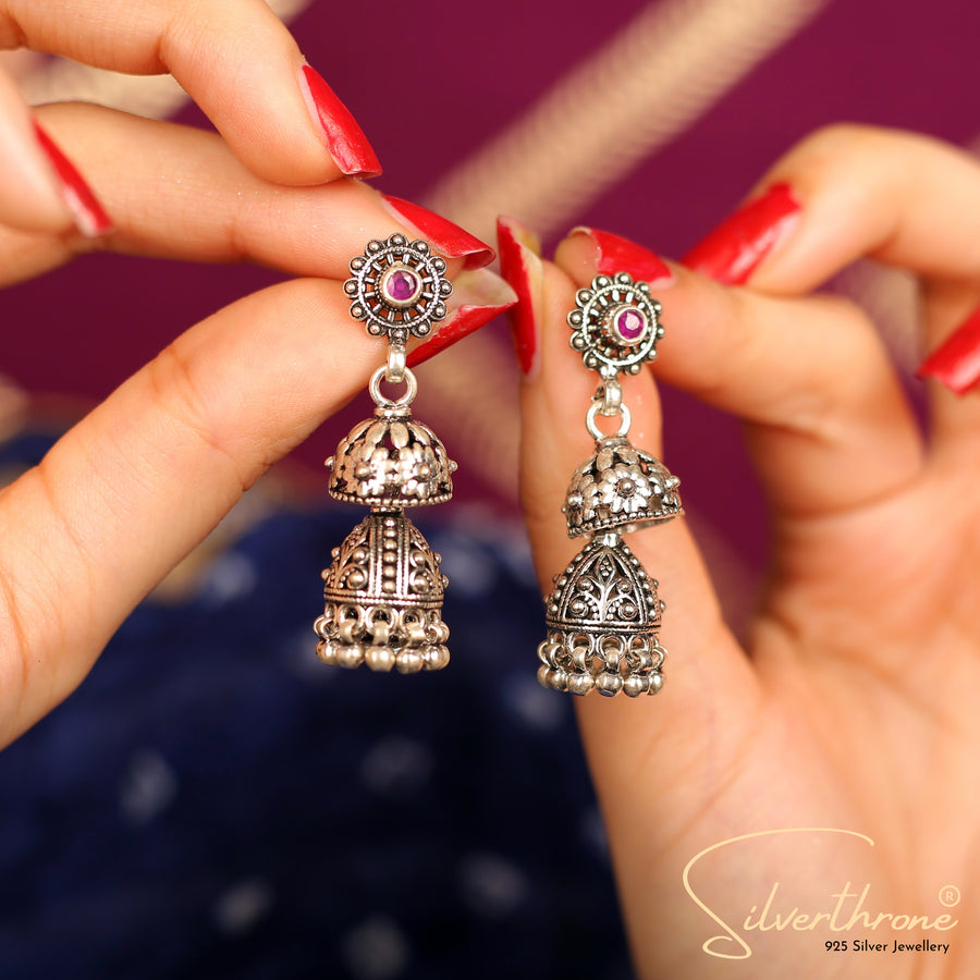 Floral Red Double Jhumki Style Rava Work Earrings