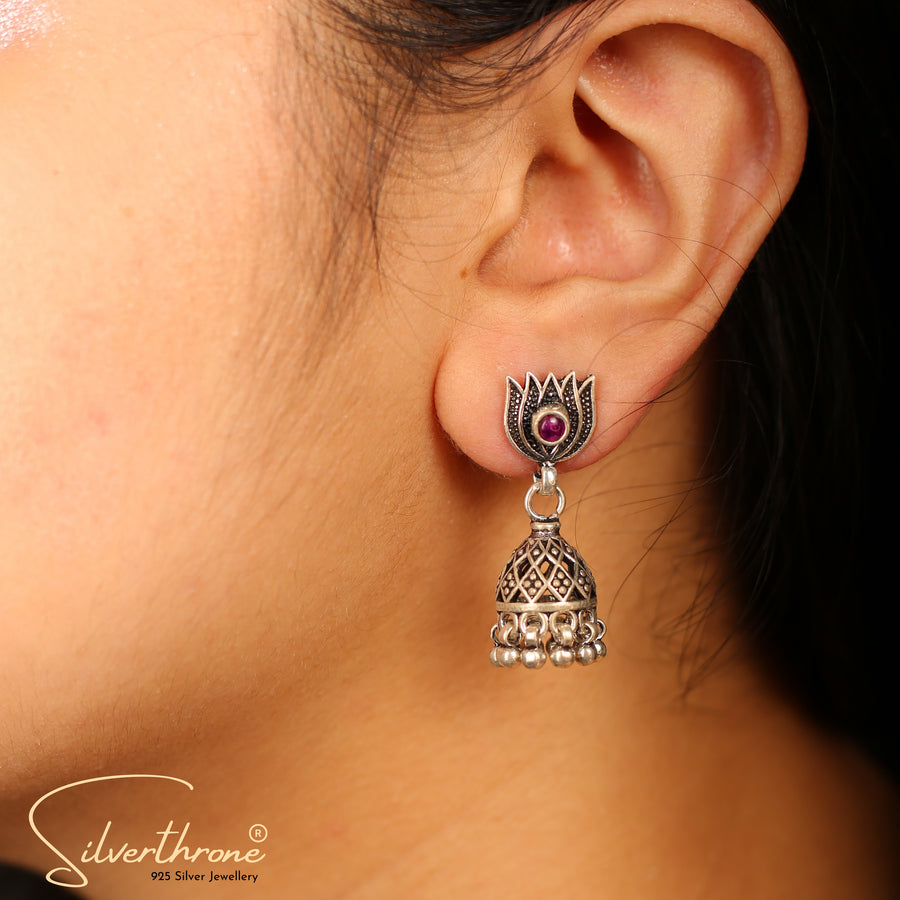 Floral Red Lotus Jhumki Style Rava Work Earrings
