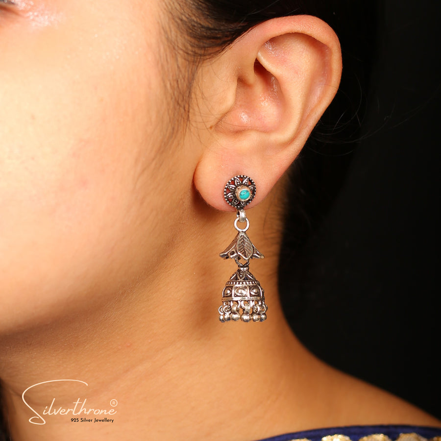 Floral Turquoise Leaf  Jhumki Style Rava Work Earrings