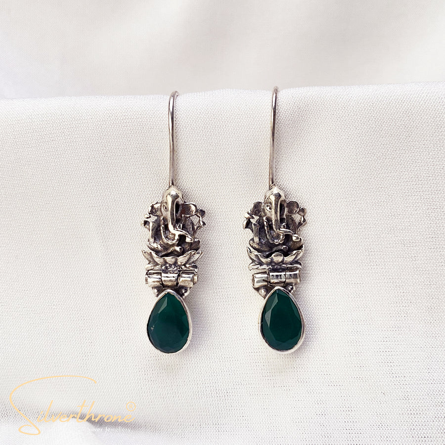 Ganesha Motif Green Stone Classic Stud Style Earrings