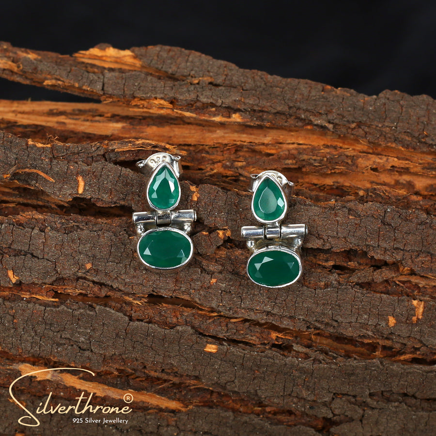 Green Cut-Stone Oval Drop Style Stud Earrings