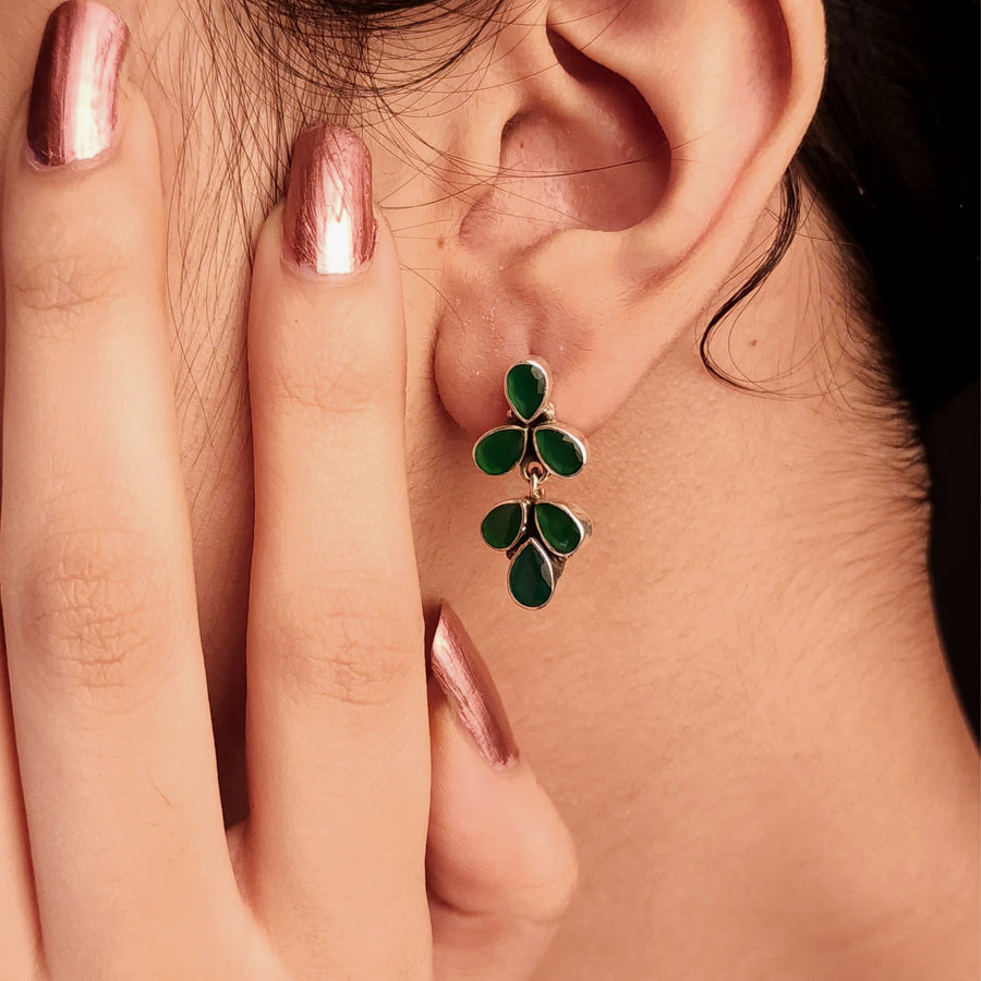 Green Leaf Cut-Stone Hanging Style Earrings