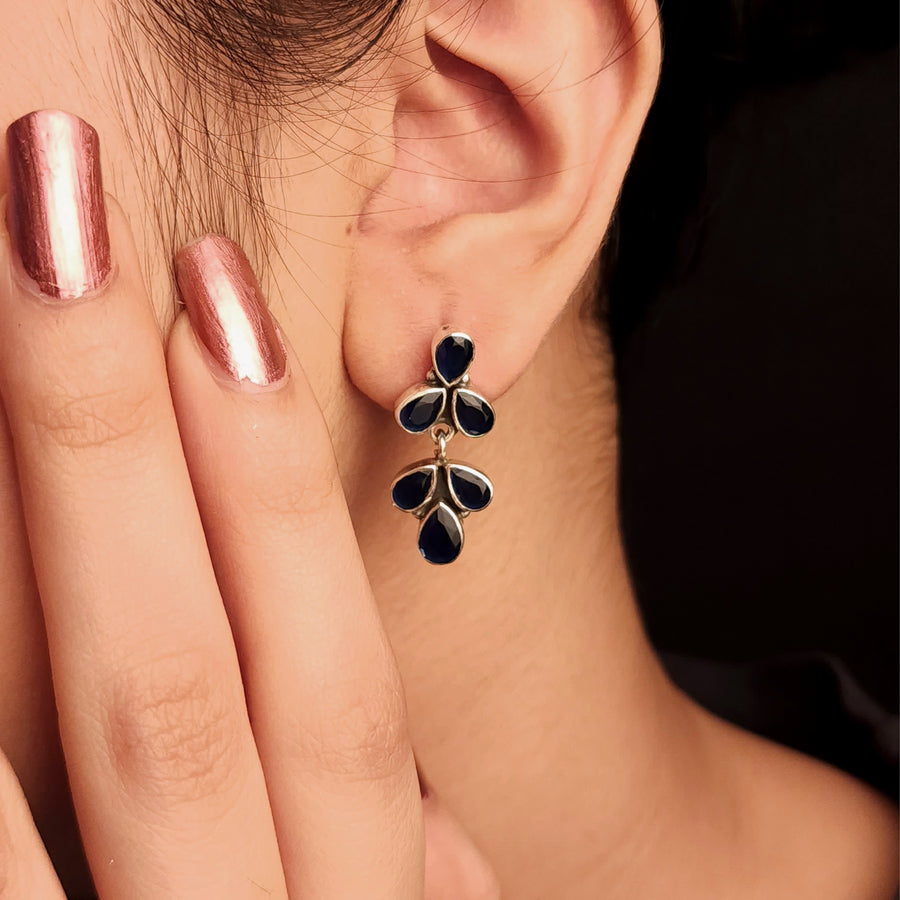 Blue Leaf Cut-Stone Hanging Style Earrings