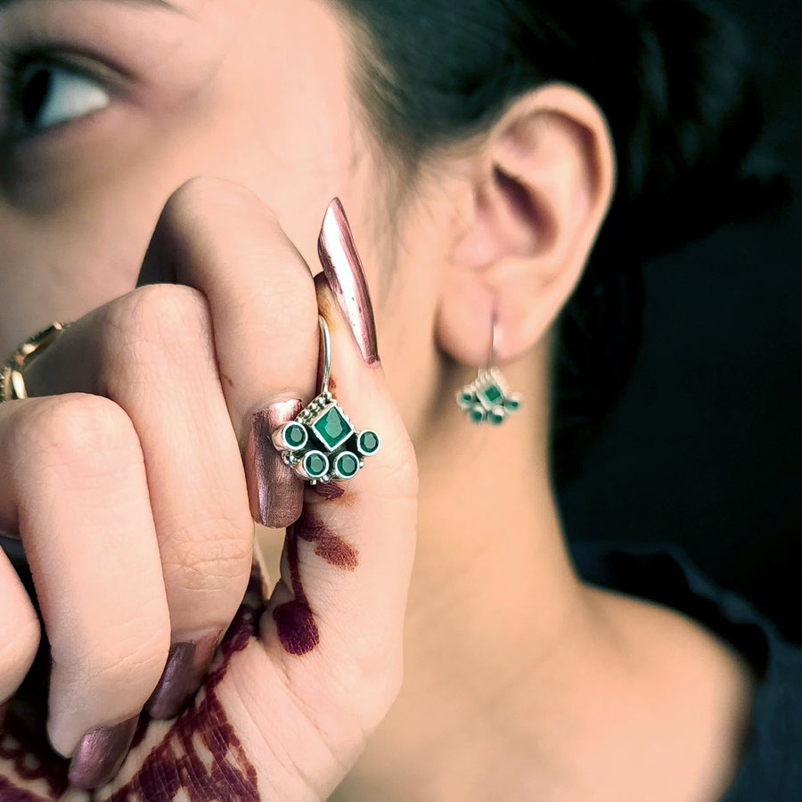 Green Cut-Stone Hanging Style Earrings