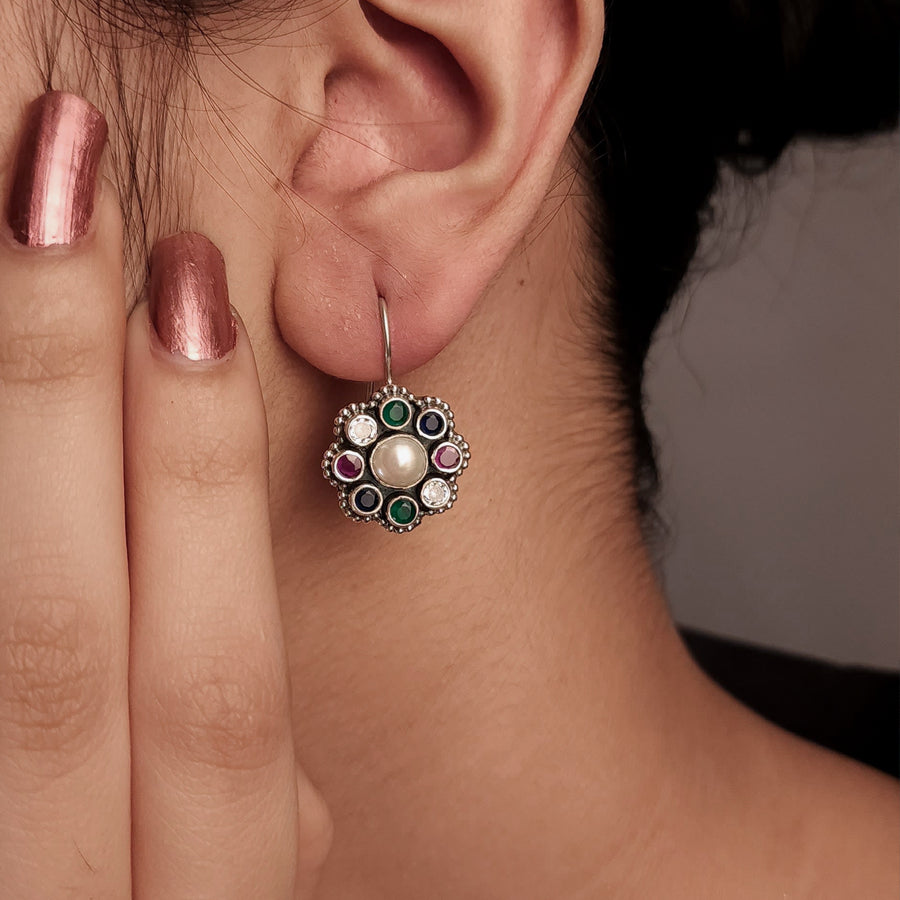 Multi Flower Cut-Stone Hanging Style Earrings