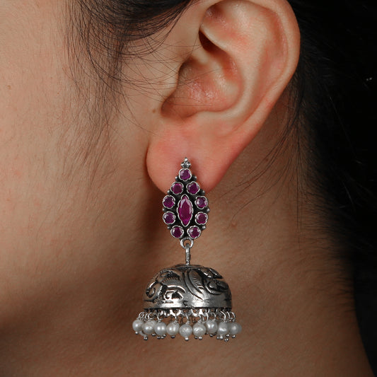 Classic Red Cut Stone Jhumki Style Chitai Work Earrings