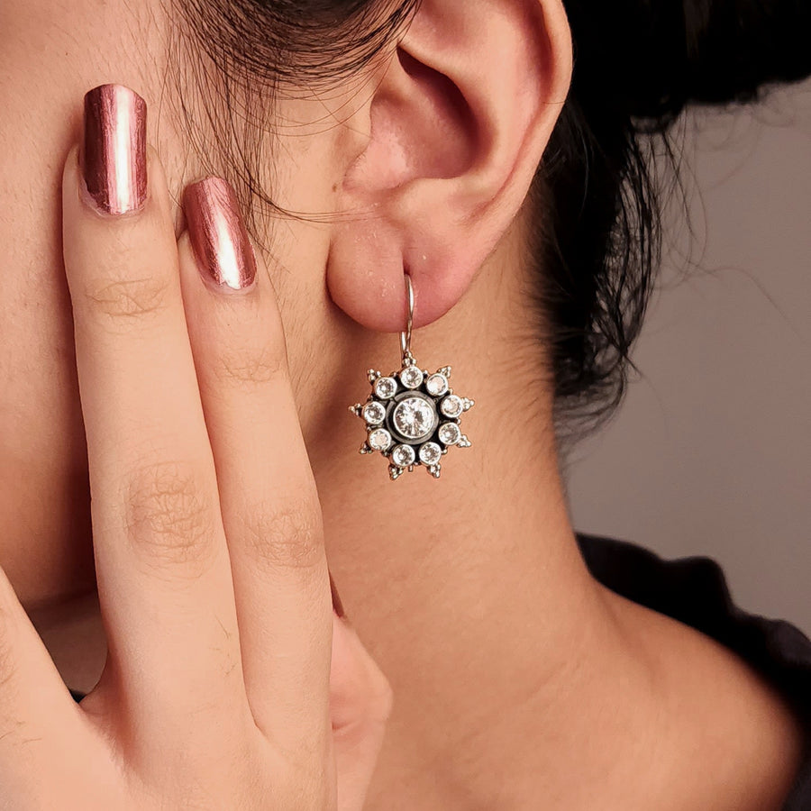 Clear Flower Cut-Stone Hanging Style Earrings