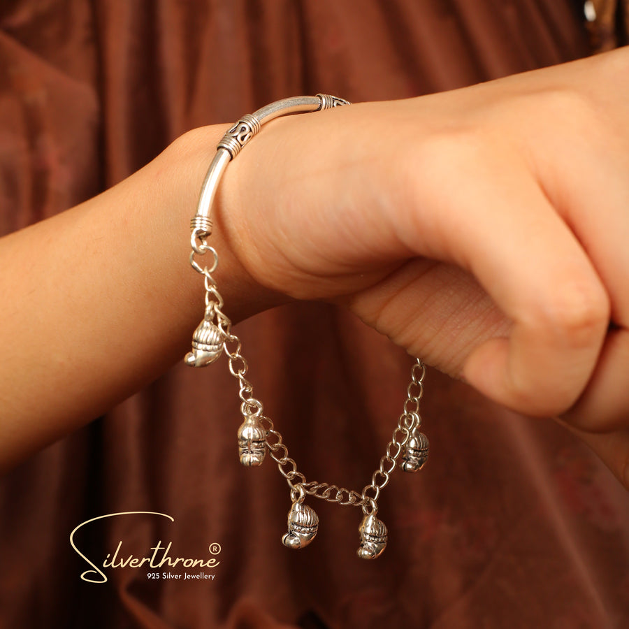 Kada Chain Style Charm Hanging Motif Modern Silver Bracelet