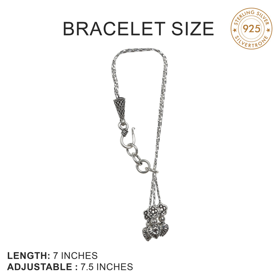 Chain Style Flower Heart Charm Hanging Motif Fusion Silver Bracelet