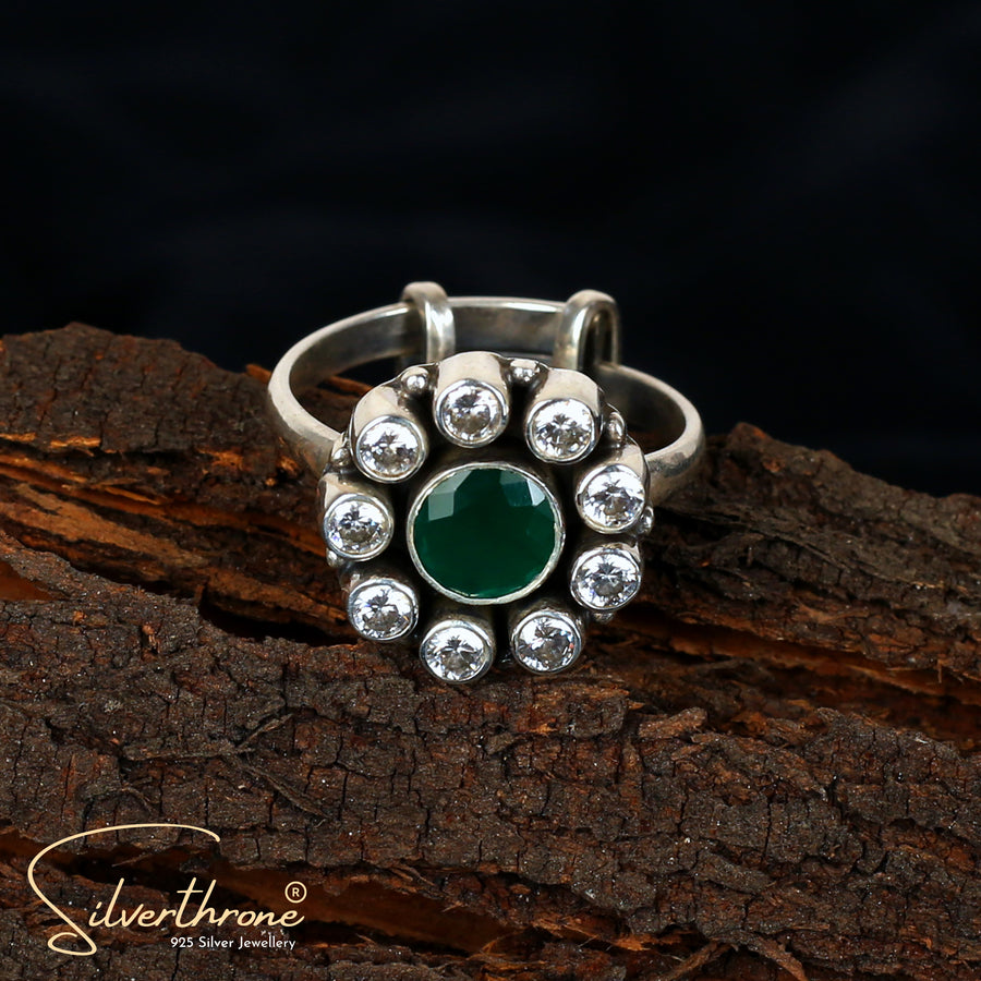 Green Clear Zircon Floral Round Cutstone Ring