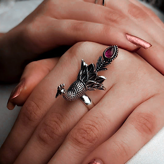 Red Stone Chitai Peacock Shape Statement Ring