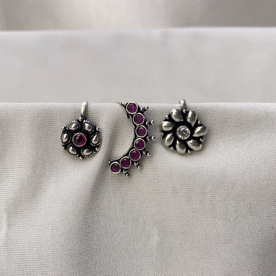 Floral Cut Stone Chitai Work Nose Pin Set of 3